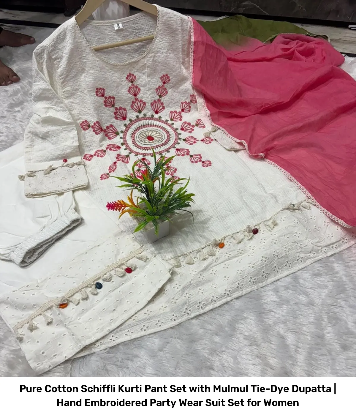 Pure Cotton Schiffli Kurti Pant Set with Mulmul Tie-Dye Dupatta | Hand Embroidered Party Wear Suit Set for Women 14
