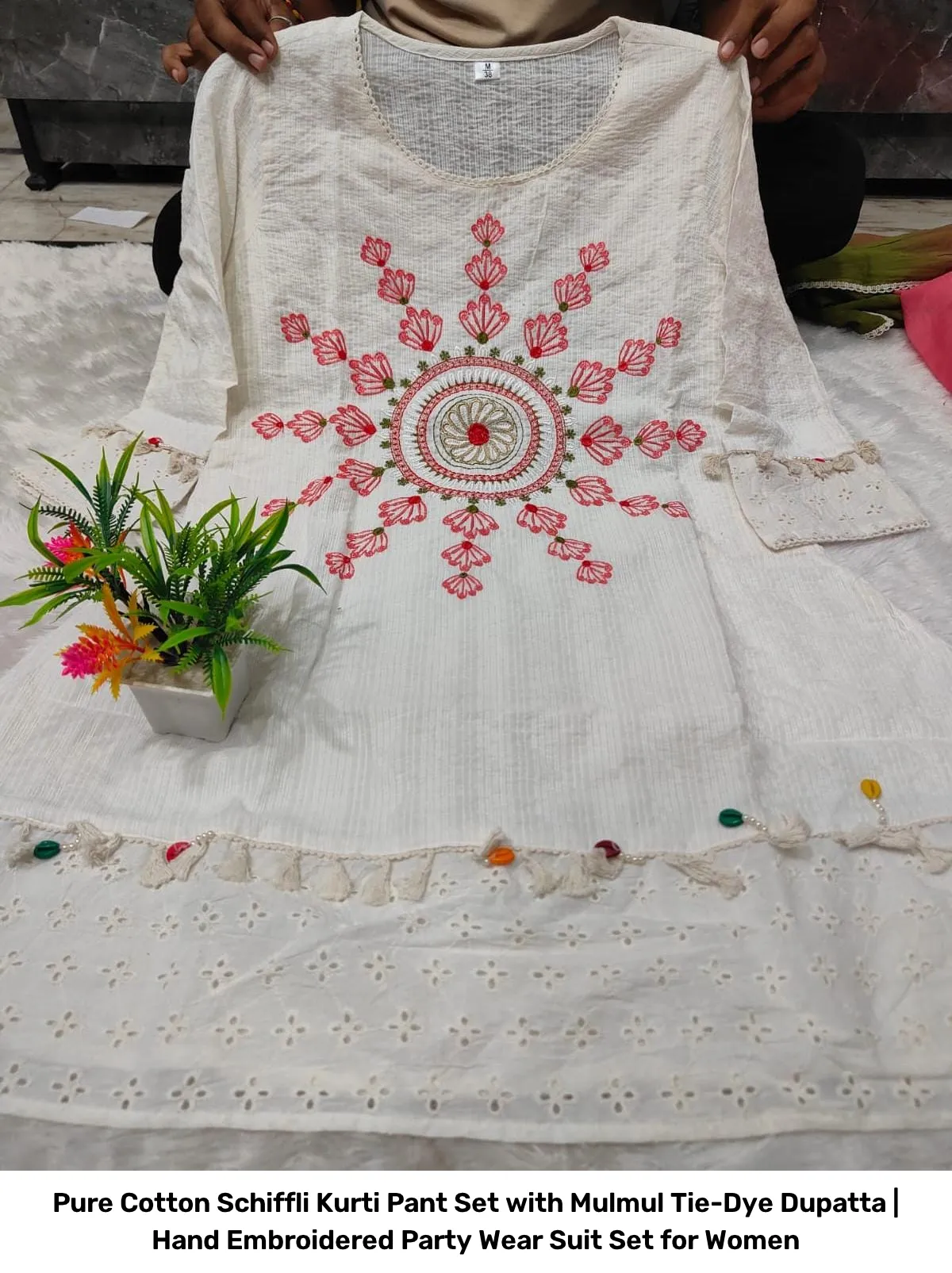 Pure Cotton Schiffli Kurti Pant Set with Mulmul Tie-Dye Dupatta | Hand Embroidered Party Wear Suit Set for Women 15