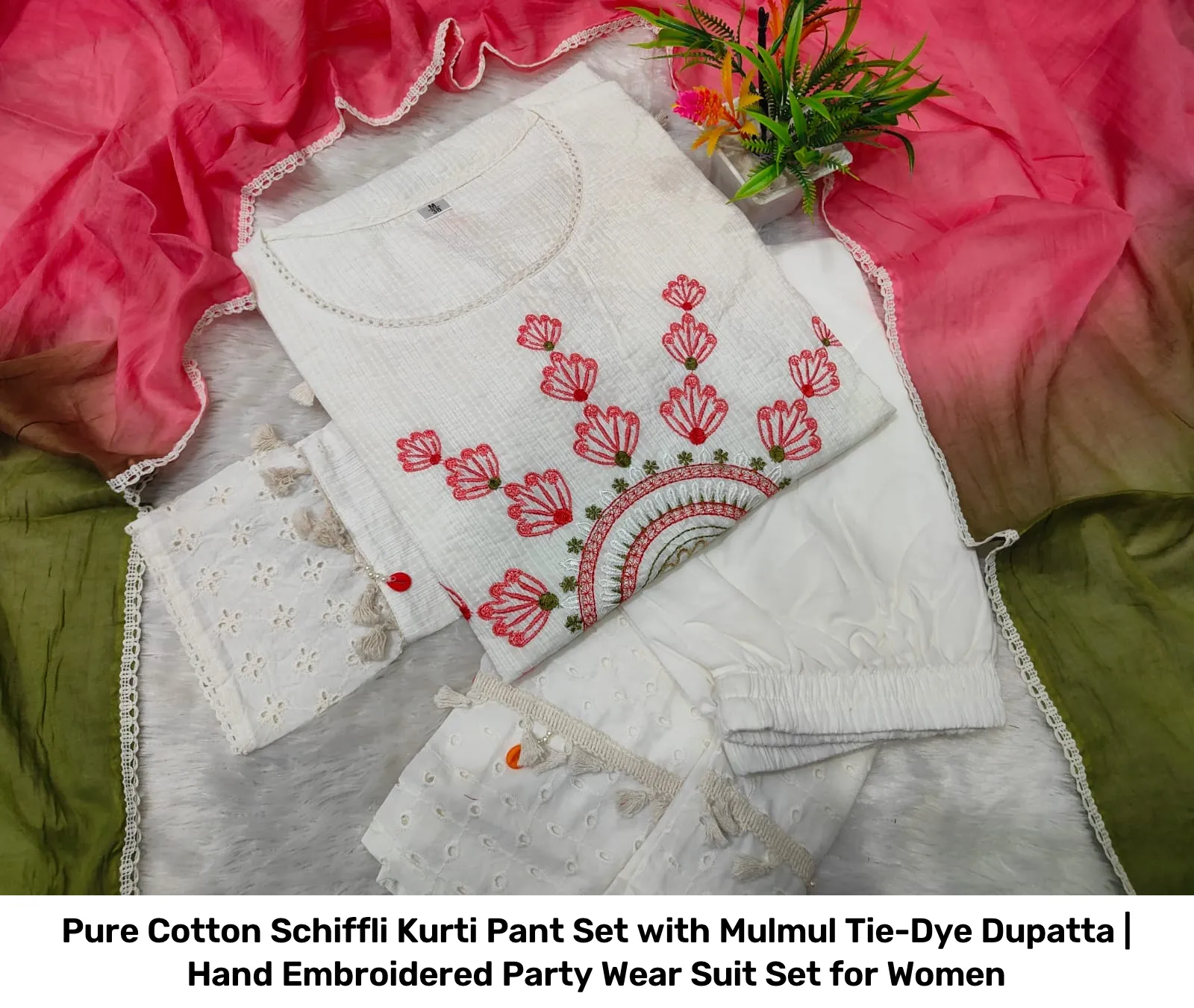Pure Cotton Schiffli Kurti Pant Set with Mulmul Tie-Dye Dupatta | Hand Embroidered Party Wear Suit Set for Women 16