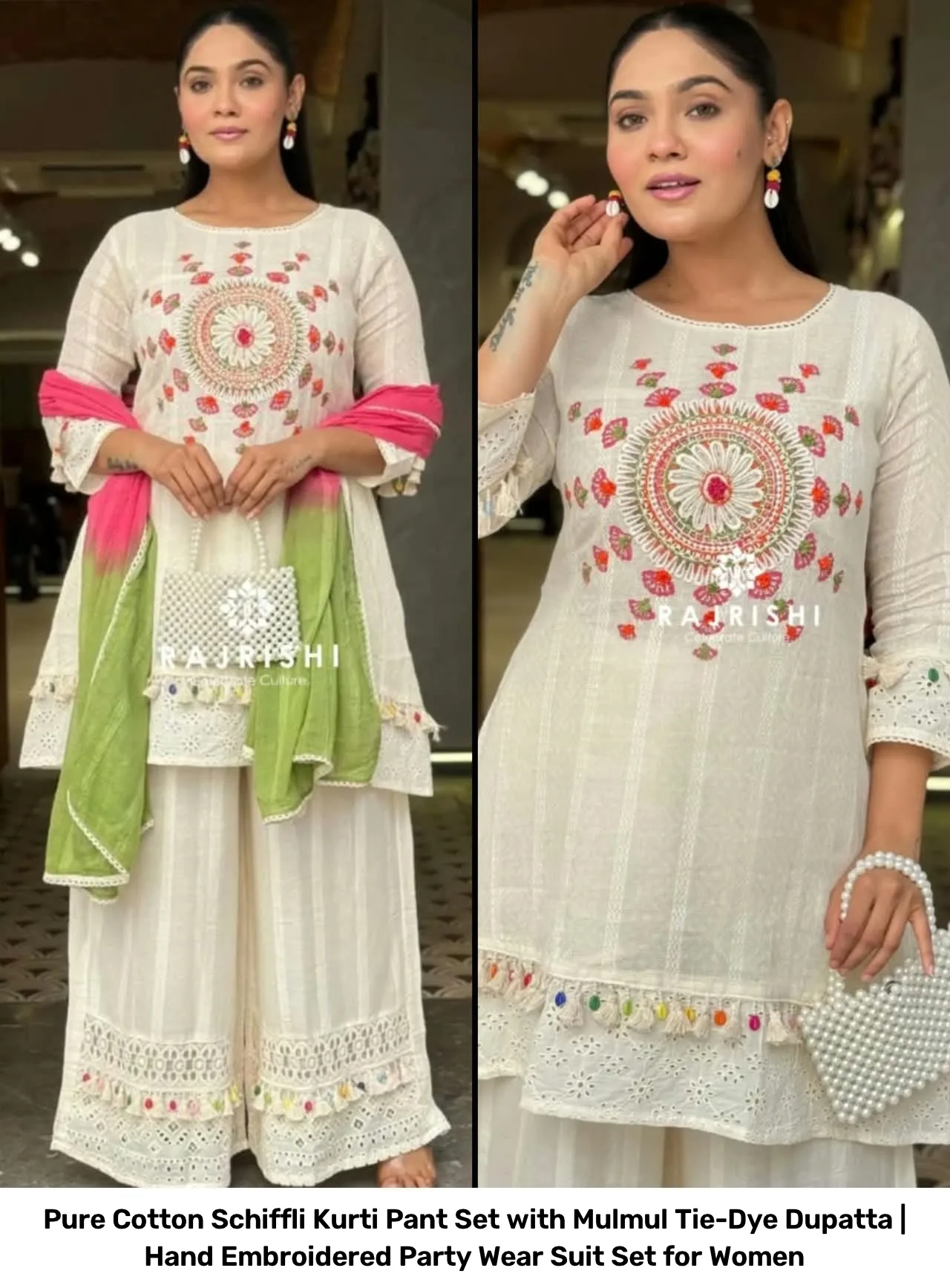 Pure Cotton Schiffli Kurti Pant Set with Mulmul Tie-Dye Dupatta | Hand Embroidered Party Wear Suit Set for Women 17