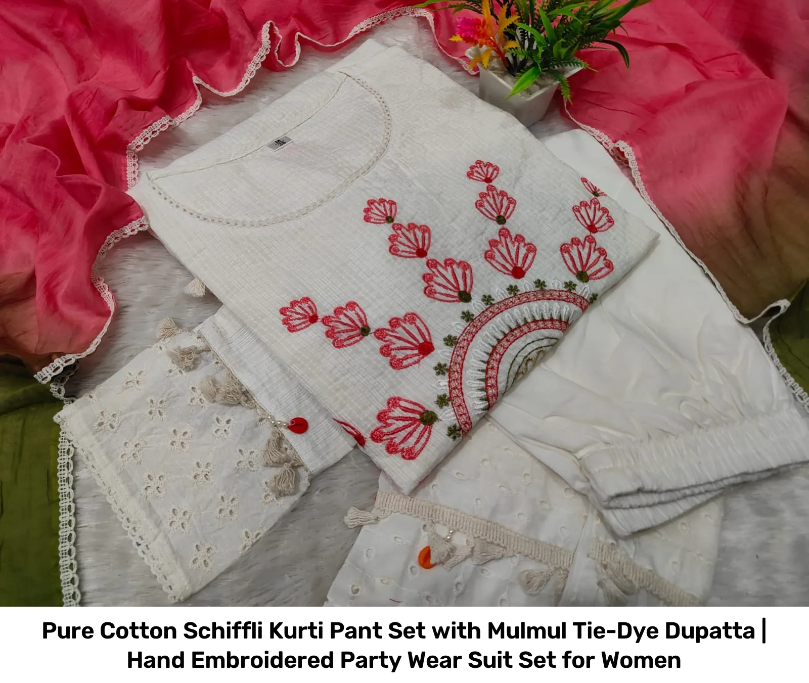 Pure Cotton Schiffli Kurti Pant Set with Mulmul Tie-Dye Dupatta | Hand Embroidered Party Wear Suit Set for Women 2