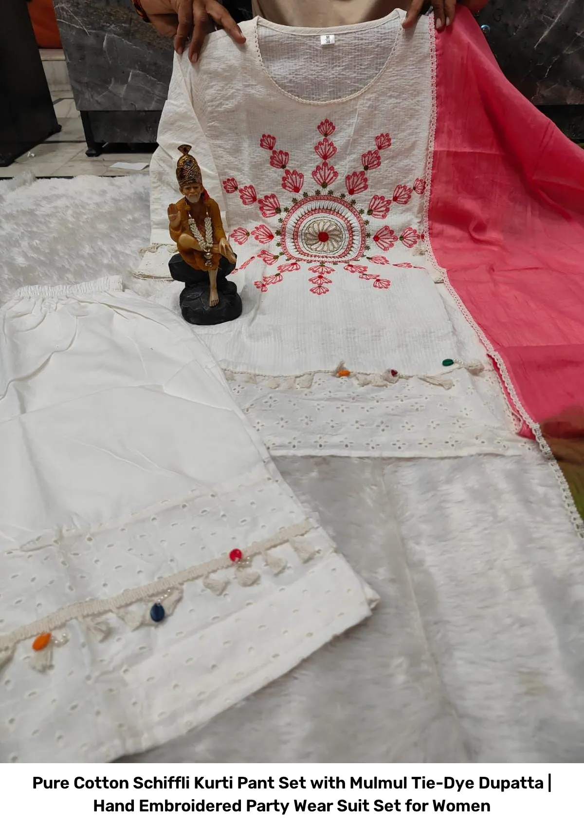 Pure Cotton Schiffli Kurti Pant Set with Mulmul Tie-Dye Dupatta | Hand Embroidered Party Wear Suit Set for Women 3