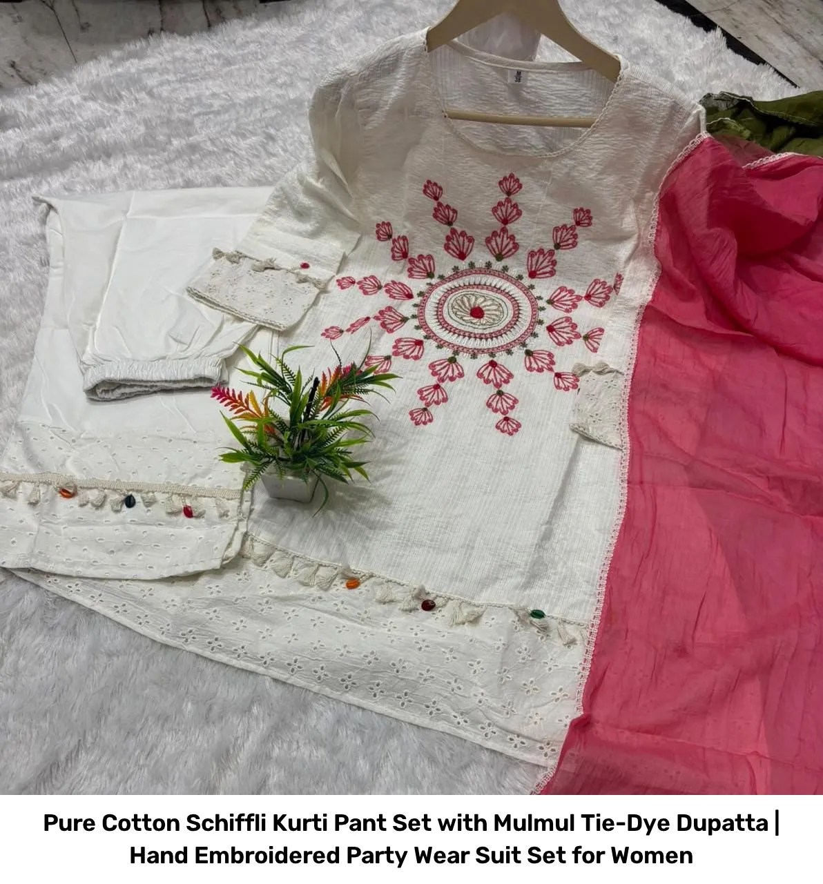 Pure Cotton Schiffli Kurti Pant Set with Mulmul Tie-Dye Dupatta | Hand Embroidered Party Wear Suit Set for Women 4