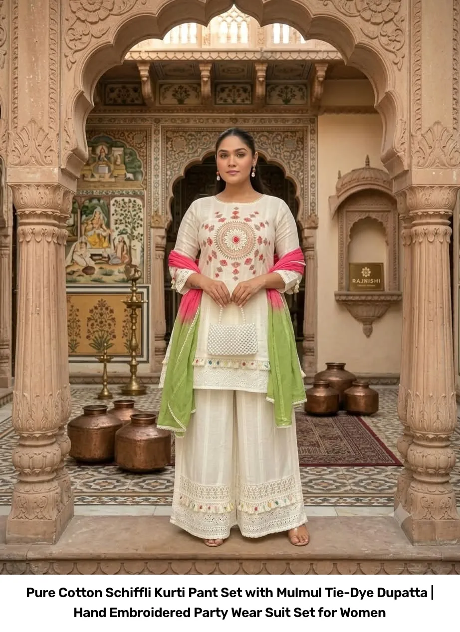 Pure Cotton Schiffli Kurti Pant Set with Mulmul Tie-Dye Dupatta | Hand Embroidered Party Wear Suit Set for Women 6