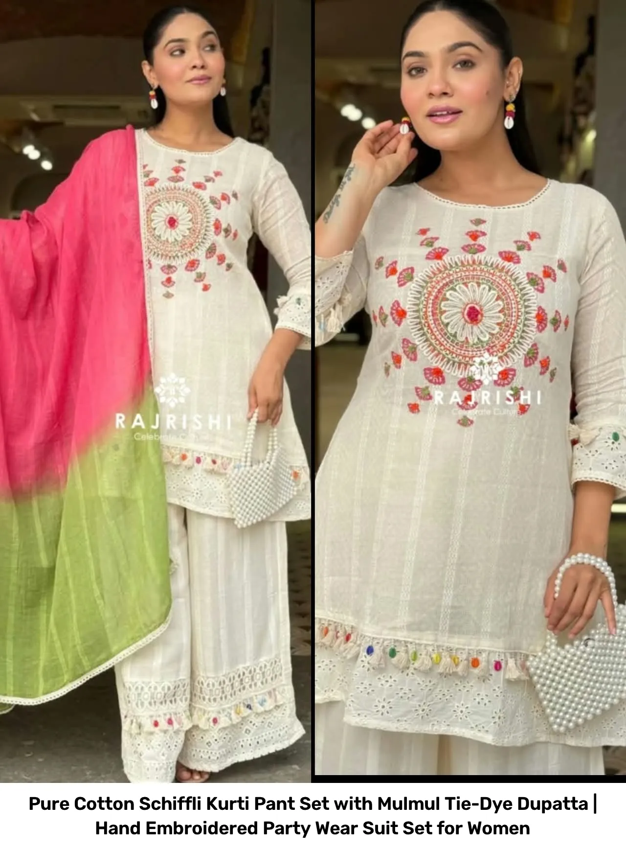 Pure Cotton Schiffli Kurti Pant Set with Mulmul Tie-Dye Dupatta | Hand Embroidered Party Wear Suit Set for Women 7