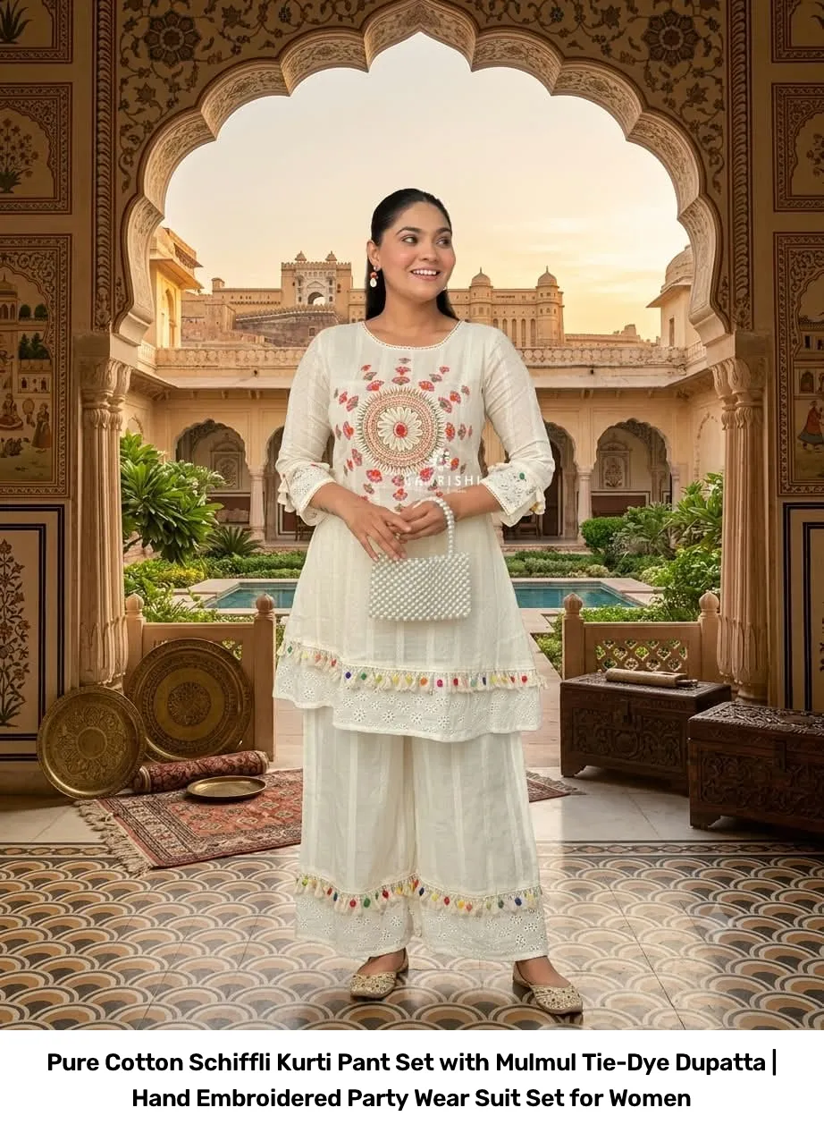 Pure Cotton Schiffli Kurti Pant Set with Mulmul Tie-Dye Dupatta | Hand Embroidered Party Wear Suit Set for Women 8