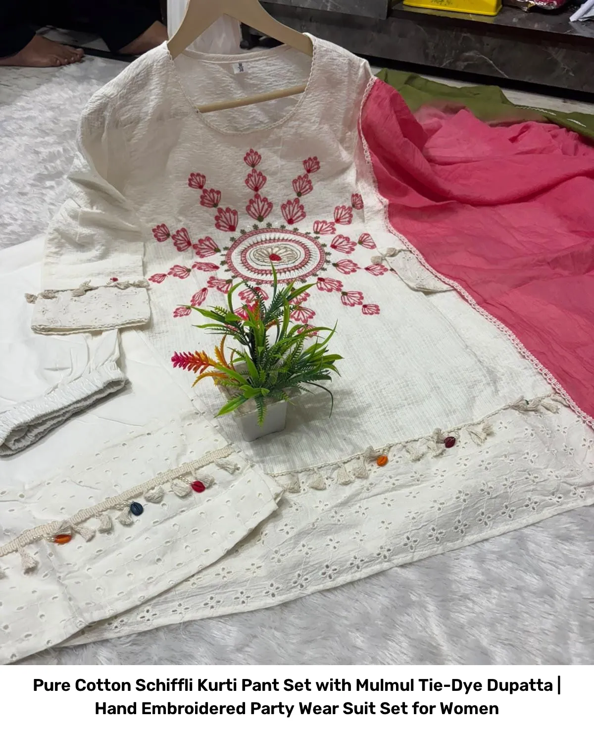 Pure Cotton Schiffli Kurti Pant Set with Mulmul Tie-Dye Dupatta | Hand Embroidered Party Wear Suit Set for Women 9