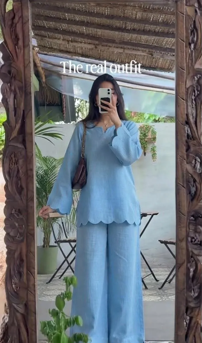 Pure Cotton Slub Co-Ord Set for Women | Scallop Cutwork Tunic Top with Flared Palazzo Pants 2-Piece Set