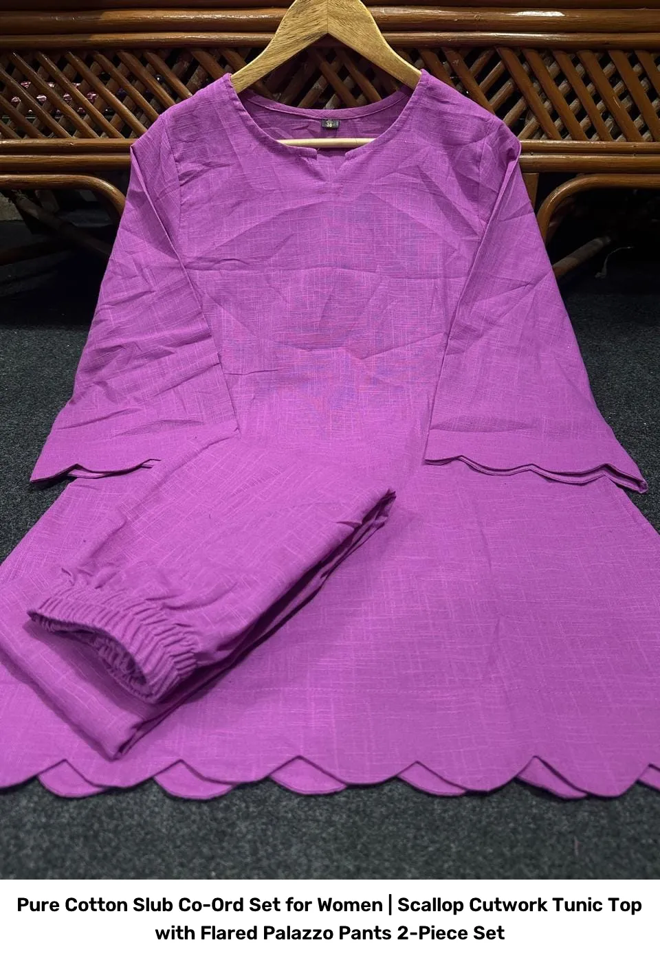 Pure Cotton Slub Co-Ord Set for Women | Scallop Cutwork Tunic Top with Flared Palazzo Pants 2-Piece Set 10