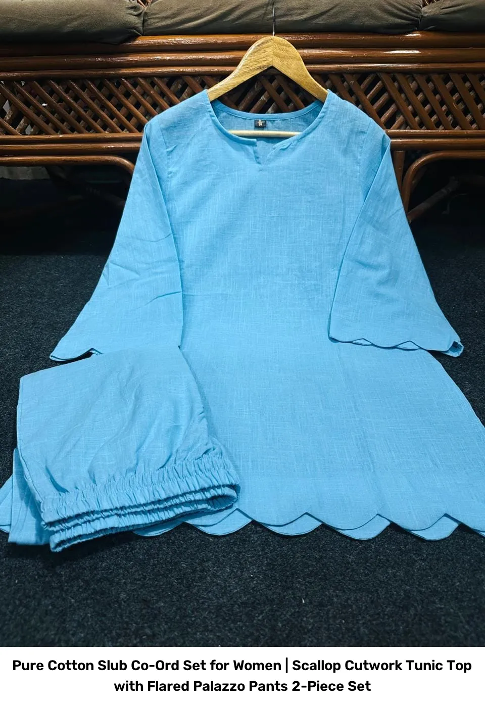 Pure Cotton Slub Co-Ord Set for Women | Scallop Cutwork Tunic Top with Flared Palazzo Pants 2-Piece Set 12