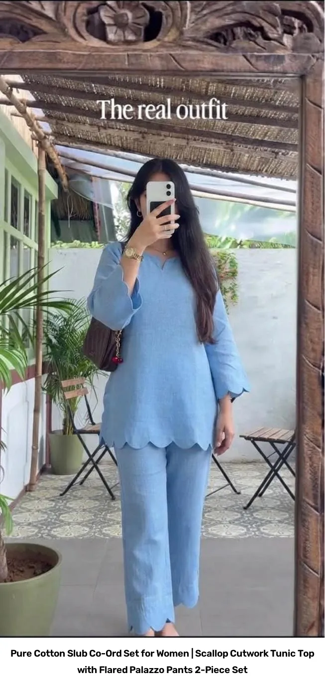 Pure Cotton Slub Co-Ord Set for Women | Scallop Cutwork Tunic Top with Flared Palazzo Pants 2-Piece Set 13