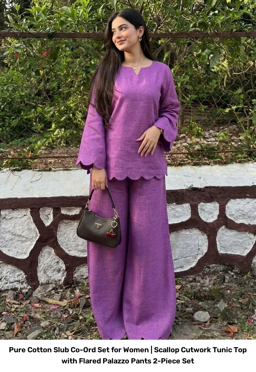 Pure Cotton Slub Co-Ord Set for Women | Scallop Cutwork Tunic Top with Flared Palazzo Pants 2-Piece Set 17