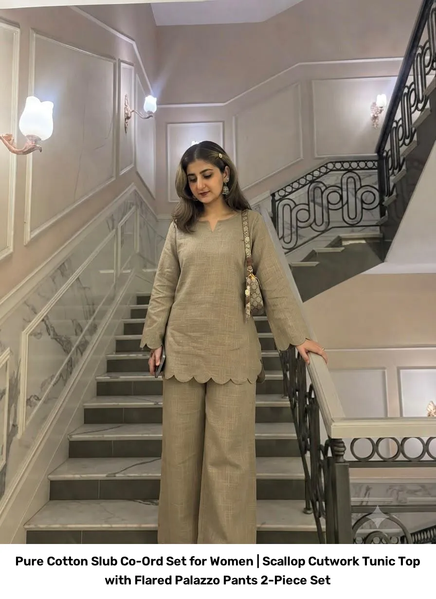 Pure Cotton Slub Co-Ord Set for Women | Scallop Cutwork Tunic Top with Flared Palazzo Pants 2-Piece Set 7