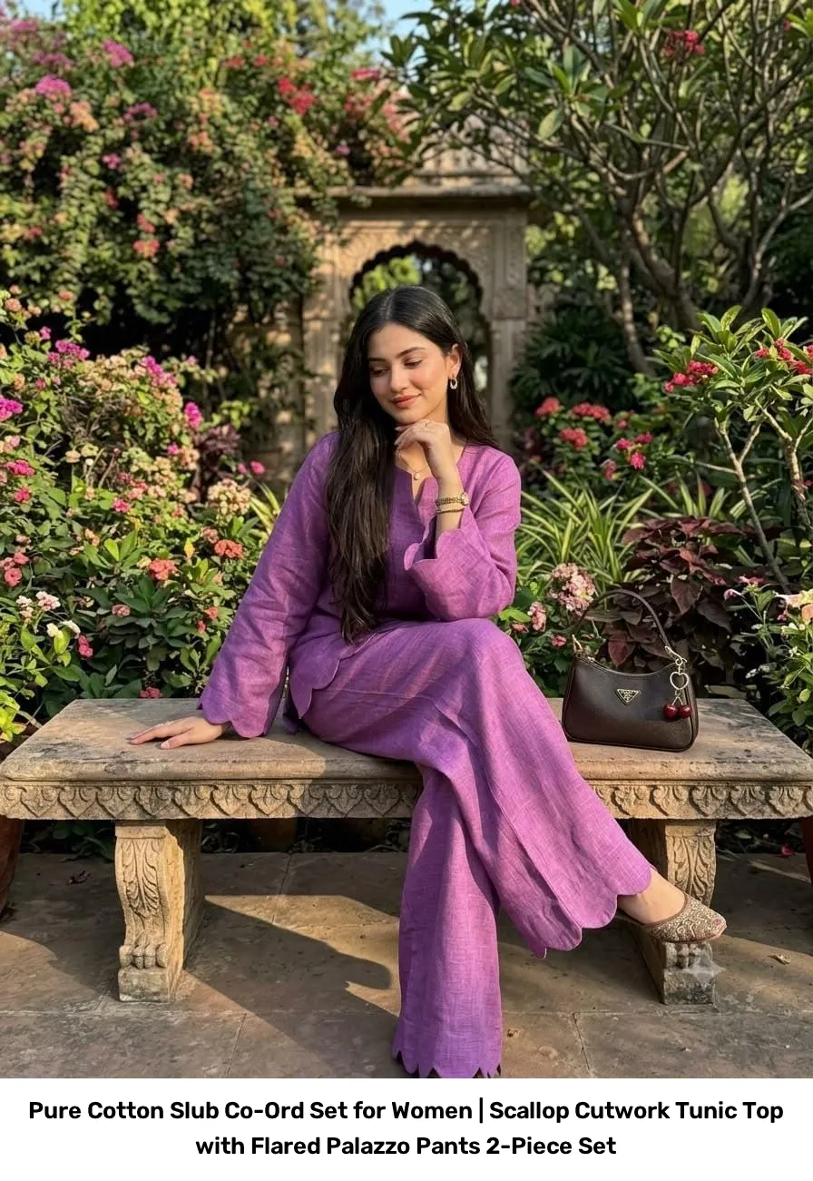 Pure Cotton Slub Co-Ord Set for Women | Scallop Cutwork Tunic Top with Flared Palazzo Pants 2-Piece Set 8