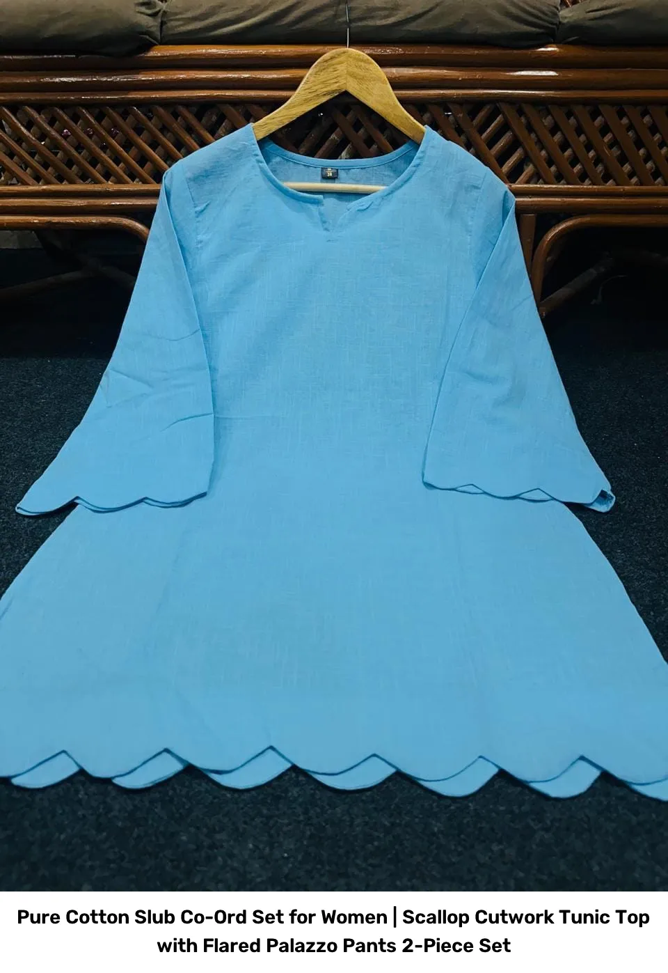 Pure Cotton Slub Co-Ord Set for Women | Scallop Cutwork Tunic Top with Flared Palazzo Pants 2-Piece Set 9