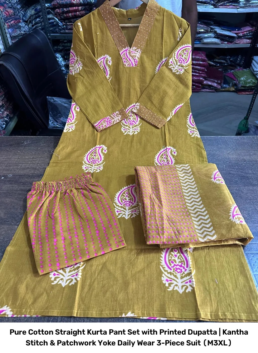 Pure Cotton Straight Kurta Pant Set with Printed Dupatta | Kantha Stitch & Patchwork Yoke Daily Wear 3-Piece Suit (M–3XL) 5