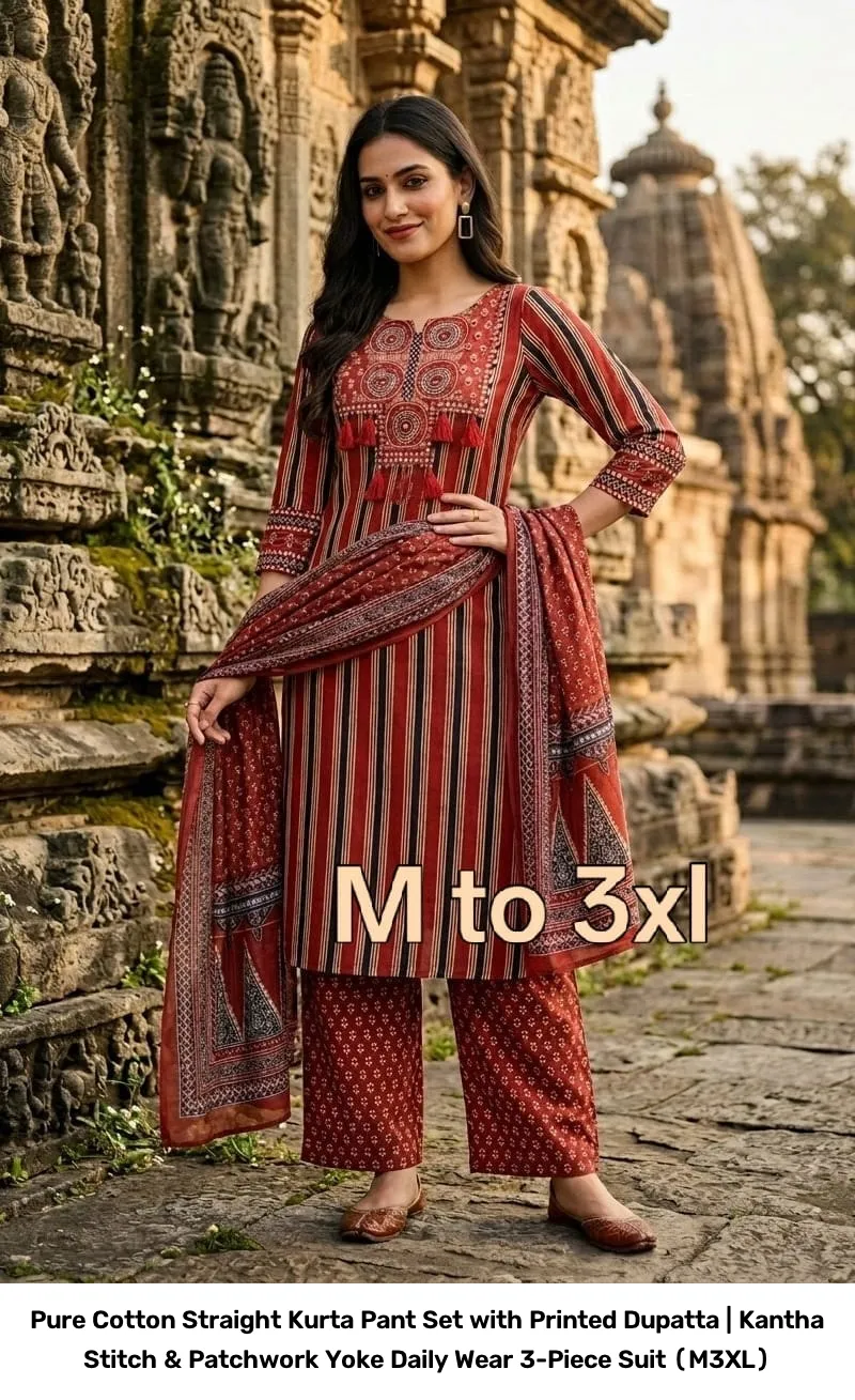 Pure Cotton Straight Kurta Pant Set with Printed Dupatta | Kantha Stitch & Patchwork Yoke Daily Wear 3-Piece Suit (M–3XL) 6