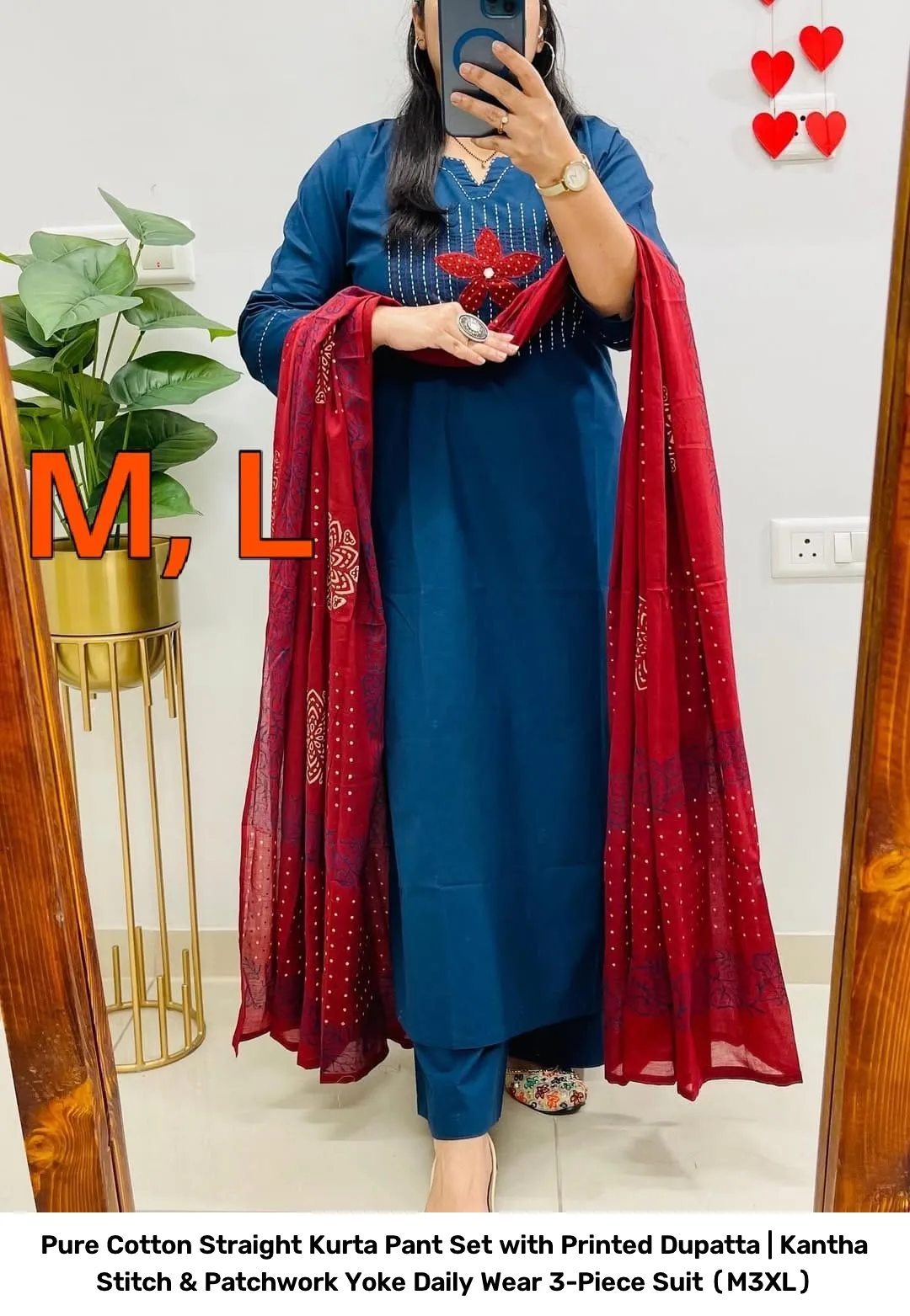 Pure Cotton Straight Kurta Pant Set with Printed Dupatta | Kantha Stitch & Patchwork Yoke Daily Wear 3-Piece Suit (M–3XL) 7