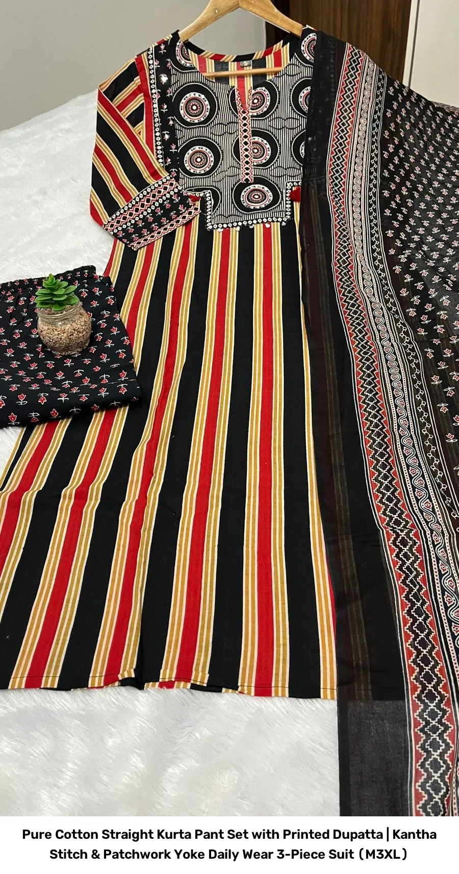 Pure Cotton Straight Kurta Pant Set with Printed Dupatta | Kantha Stitch & Patchwork Yoke Daily Wear 3-Piece Suit (M–3XL) 9