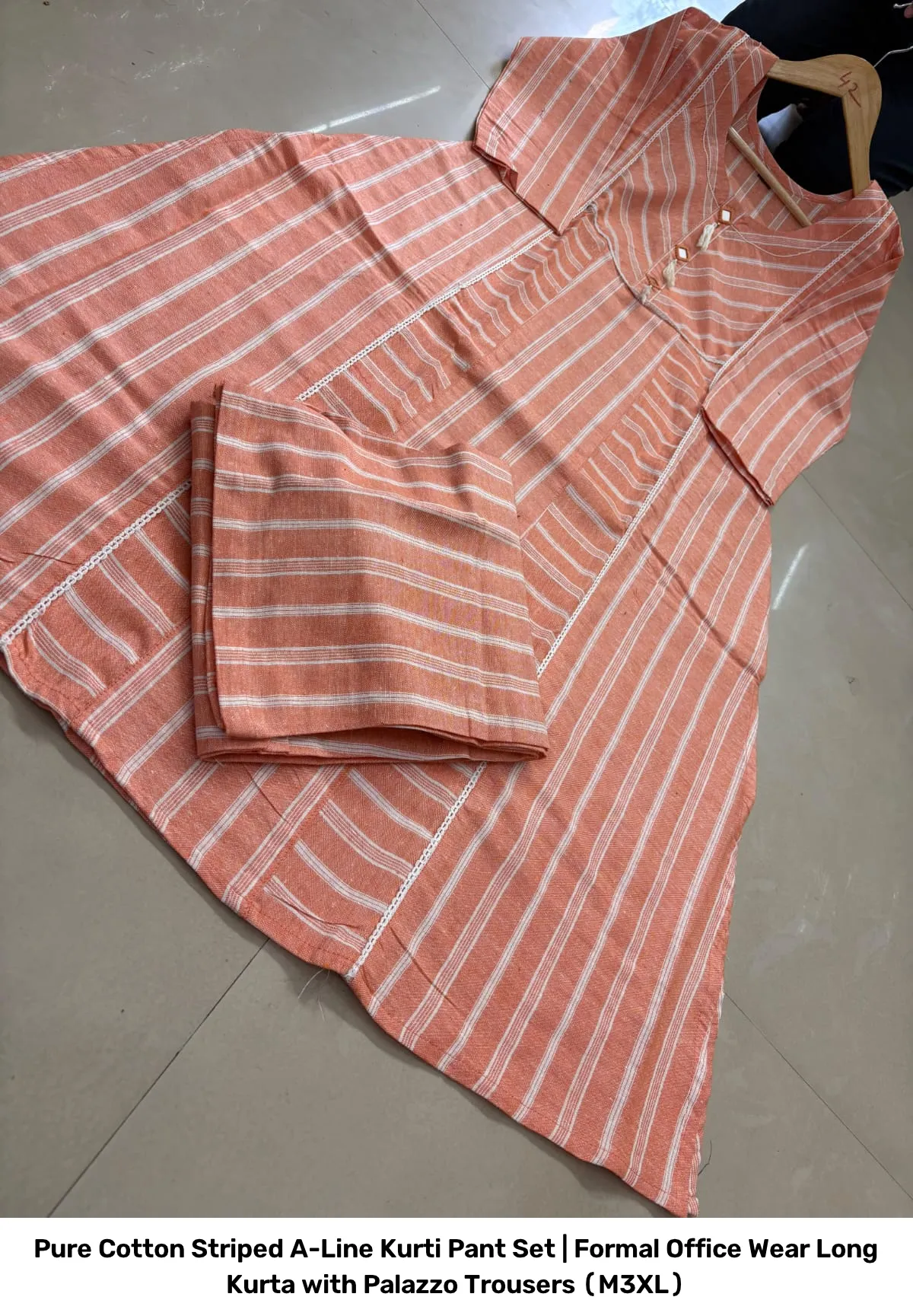 Pure Cotton Striped A-Line Kurti Pant Set | Formal Office Wear Long Kurta with Palazzo Trousers (M–3XL) 2