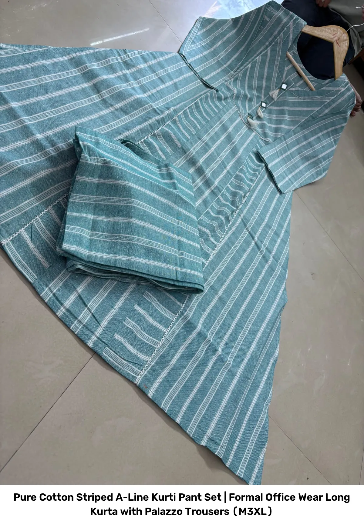 Pure Cotton Striped A-Line Kurti Pant Set | Formal Office Wear Long Kurta with Palazzo Trousers (M–3XL) 3