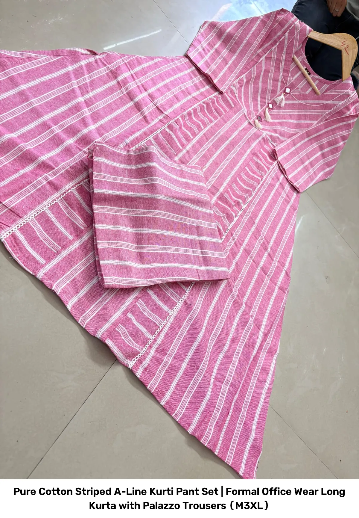Pure Cotton Striped A-Line Kurti Pant Set | Formal Office Wear Long Kurta with Palazzo Trousers (M–3XL) 5