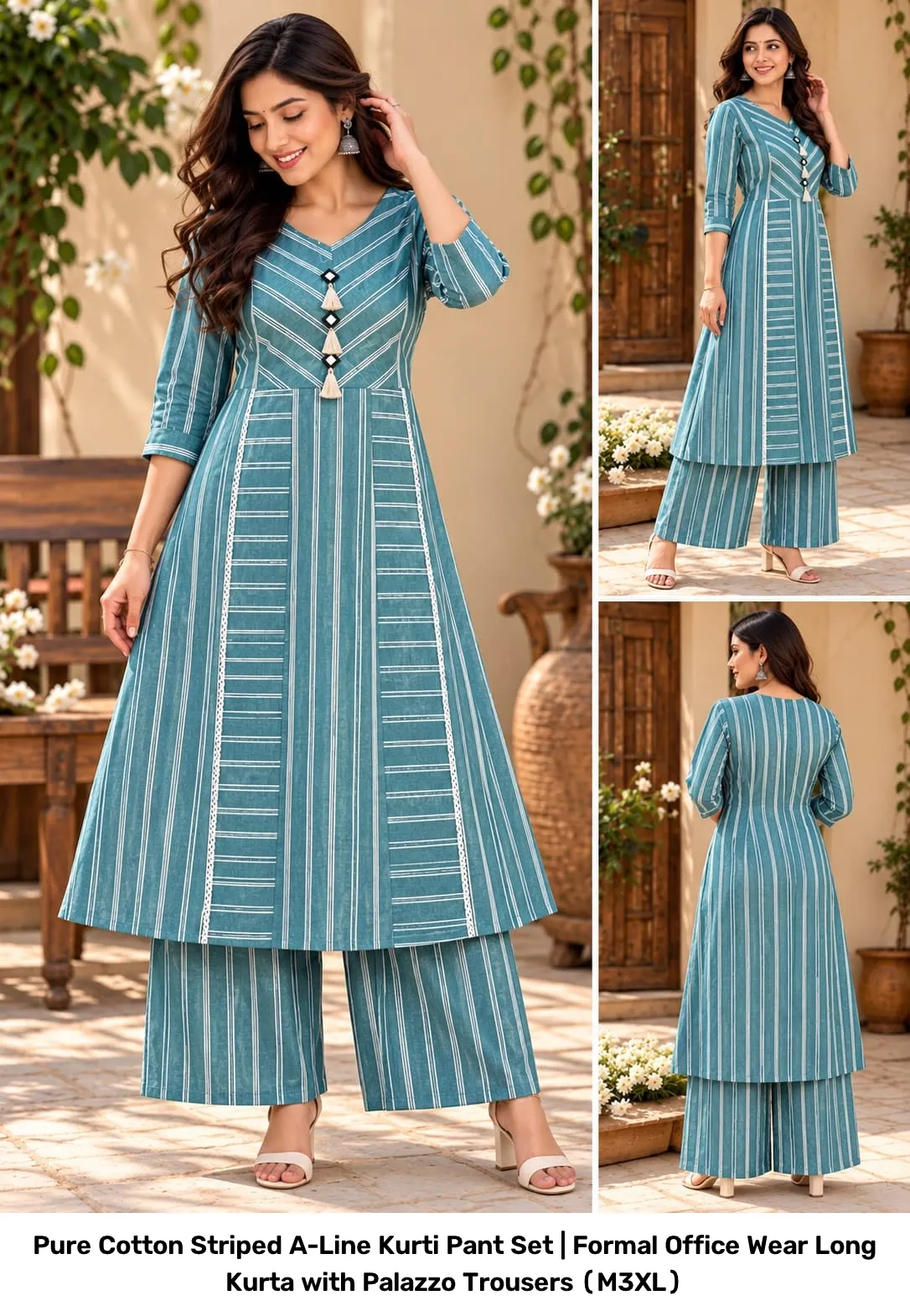 Pure Cotton Striped A-Line Kurti Pant Set | Formal Office Wear Long Kurta with Palazzo Trousers (M–3XL) 6