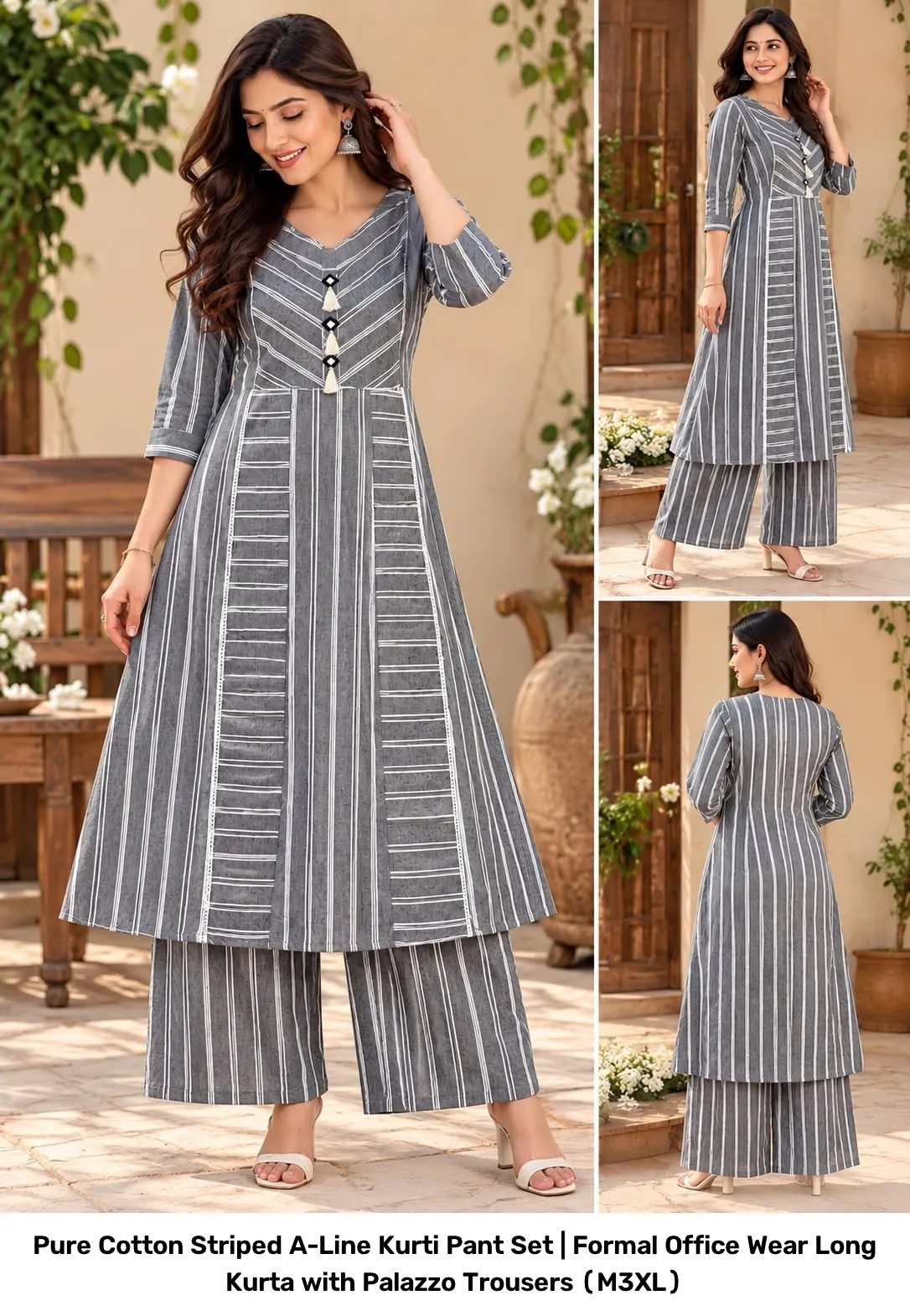 Pure Cotton Striped A-Line Kurti Pant Set | Formal Office Wear Long Kurta with Palazzo Trousers (M–3XL) 7