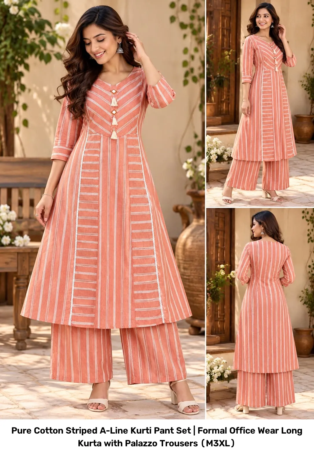 Pure Cotton Striped A-Line Kurti Pant Set | Formal Office Wear Long Kurta with Palazzo Trousers (M–3XL) 8
