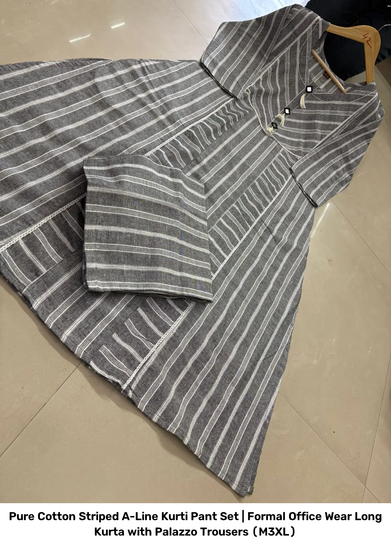 Pure Cotton Striped A-Line Kurti Pant Set | Formal Office Wear Long Kurta with Palazzo Trousers (M–3XL) 9