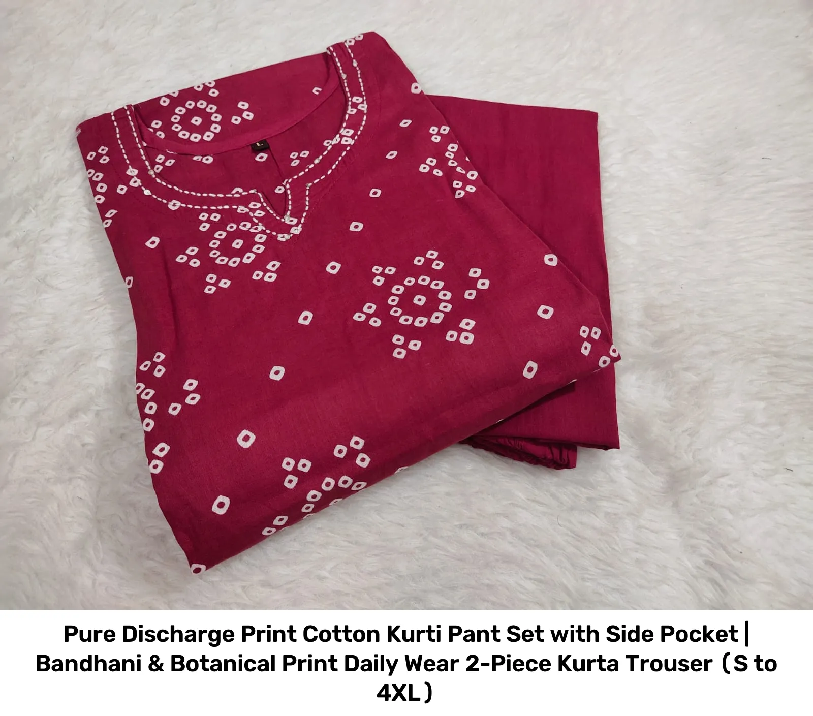 Pure Discharge Print Cotton Kurti Pant Set with Side Pocket | Bandhani & Botanical Print Daily Wear 2-Piece Kurta Trouser (S to 4XL) 10