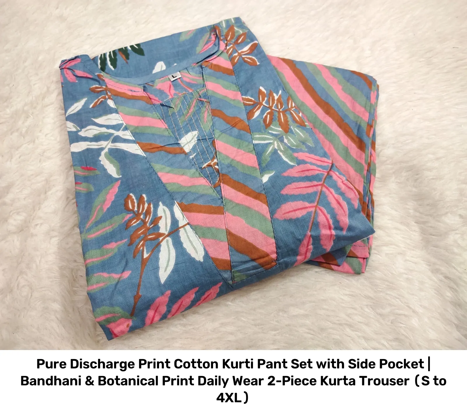 Pure Discharge Print Cotton Kurti Pant Set with Side Pocket | Bandhani & Botanical Print Daily Wear 2-Piece Kurta Trouser (S to 4XL) 11