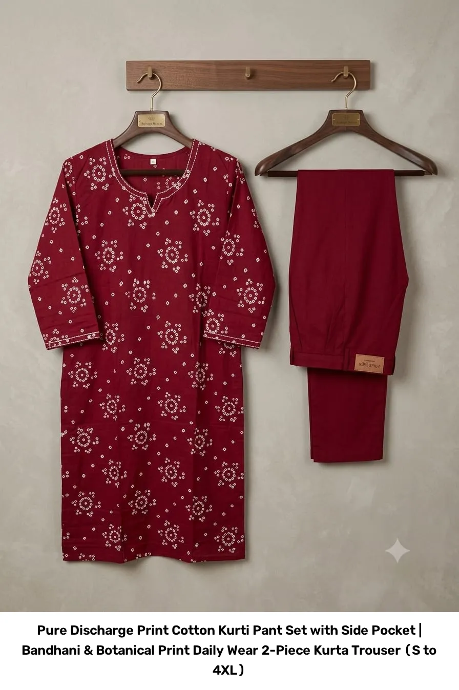Pure Discharge Print Cotton Kurti Pant Set with Side Pocket | Bandhani & Botanical Print Daily Wear 2-Piece Kurta Trouser (S to 4XL) 12