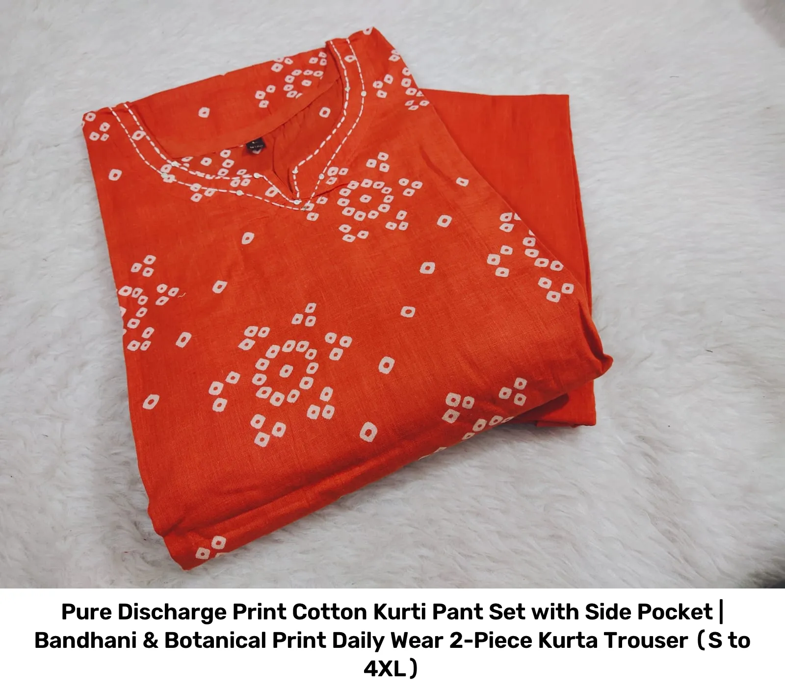 Pure Discharge Print Cotton Kurti Pant Set with Side Pocket | Bandhani & Botanical Print Daily Wear 2-Piece Kurta Trouser (S to 4XL) 2