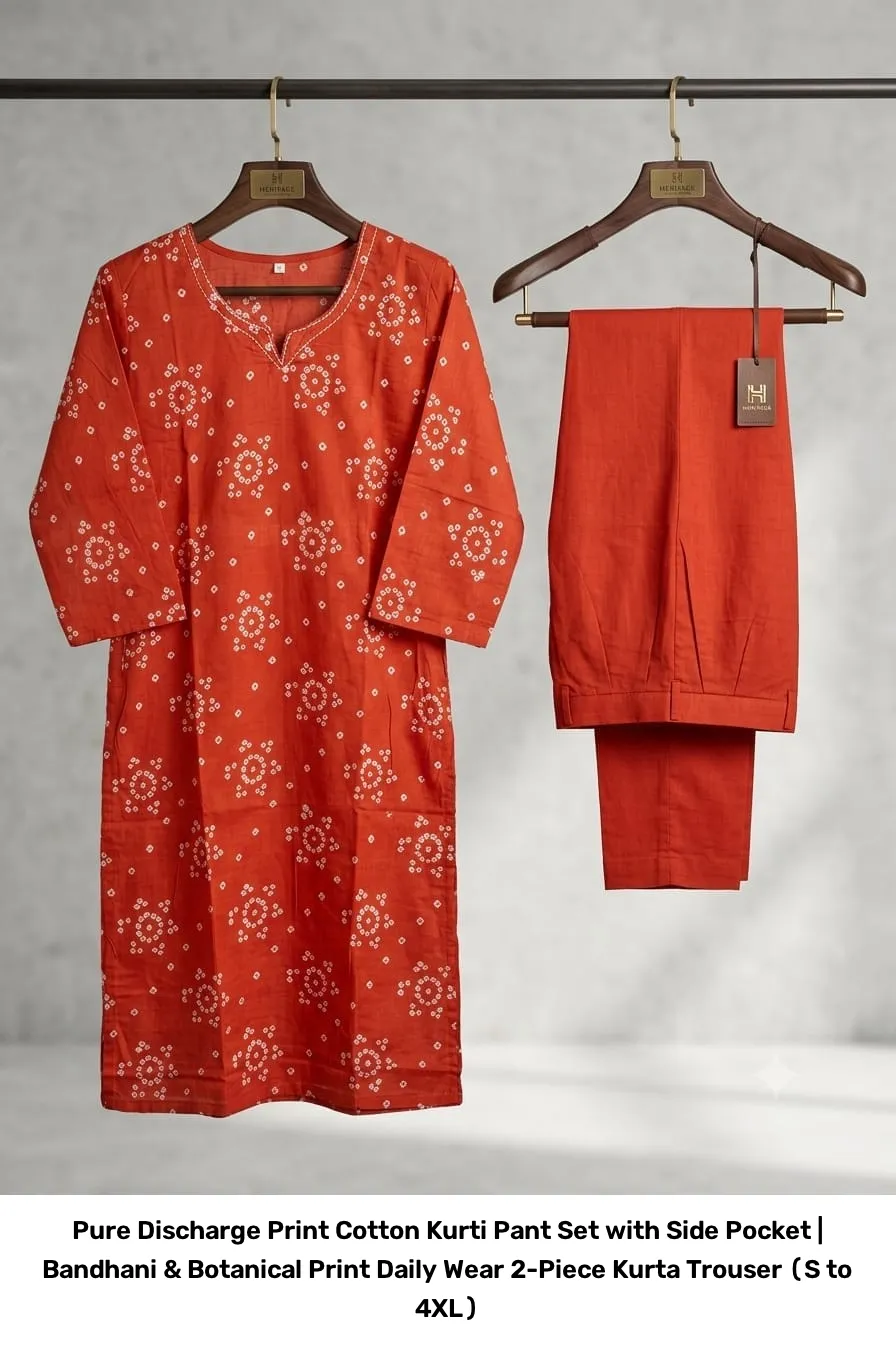 Pure Discharge Print Cotton Kurti Pant Set with Side Pocket | Bandhani & Botanical Print Daily Wear 2-Piece Kurta Trouser (S to 4XL) 3
