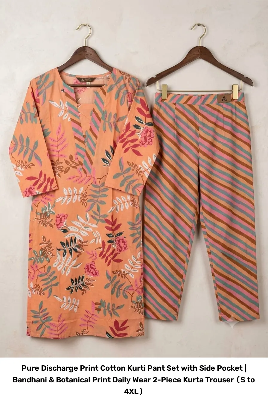 Pure Discharge Print Cotton Kurti Pant Set with Side Pocket | Bandhani & Botanical Print Daily Wear 2-Piece Kurta Trouser (S to 4XL) 5
