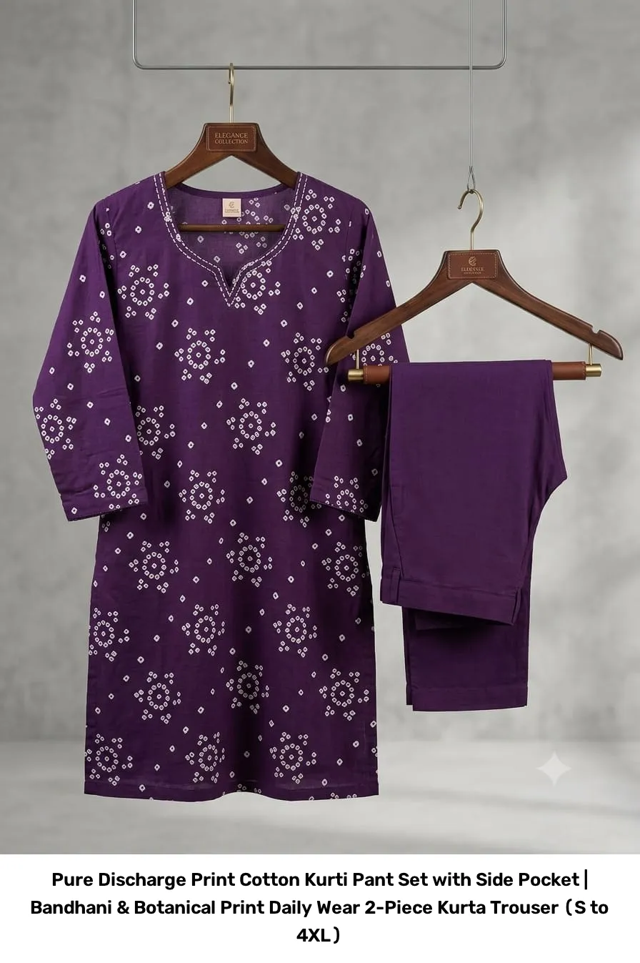 Pure Discharge Print Cotton Kurti Pant Set with Side Pocket | Bandhani & Botanical Print Daily Wear 2-Piece Kurta Trouser (S to 4XL) 6