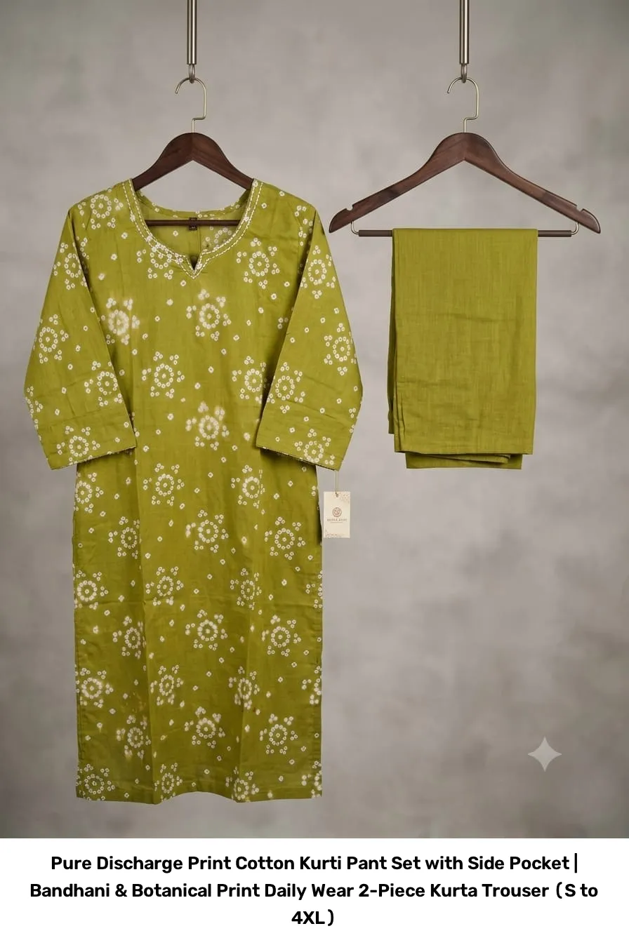 Pure Discharge Print Cotton Kurti Pant Set with Side Pocket | Bandhani & Botanical Print Daily Wear 2-Piece Kurta Trouser (S to 4XL) 7