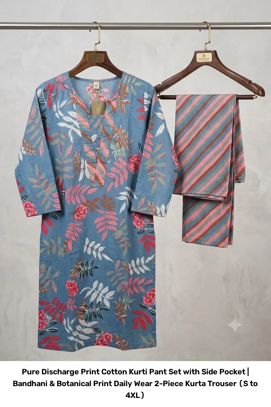 Pure Discharge Print Cotton Kurti Pant Set with Side Pocket | Bandhani & Botanical Print Daily Wear 2-Piece Kurta Trouser (S to 4XL) 9
