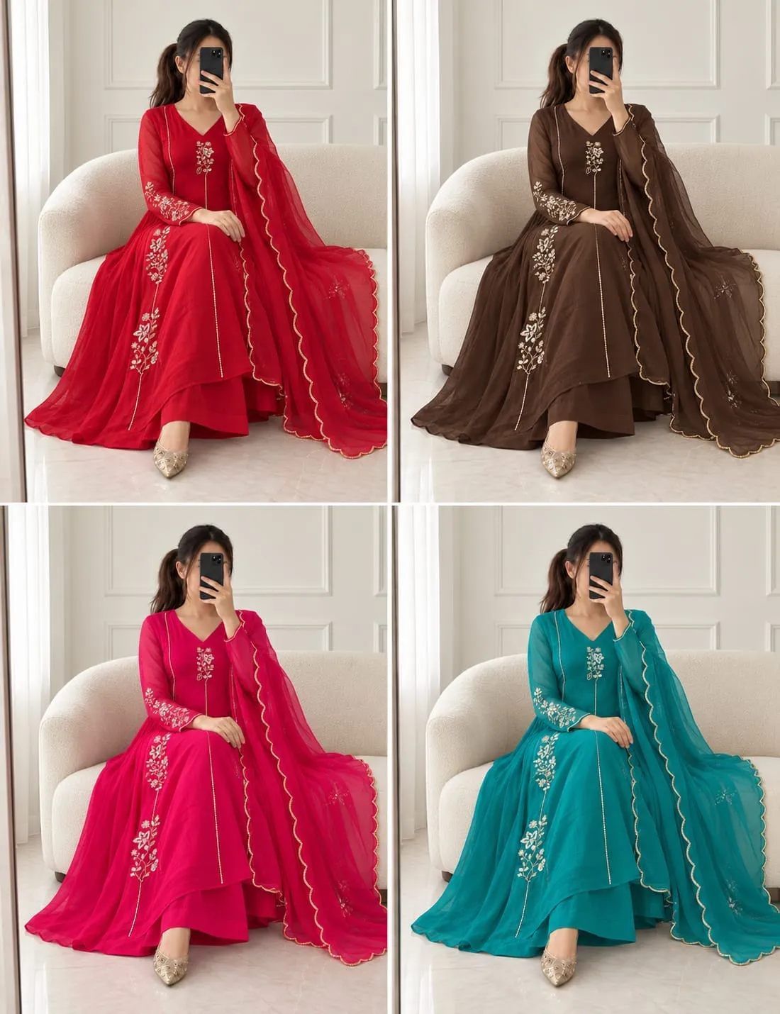 Pure Hand Work A-Line Anarkali Kurti 3-Piece Set with Scallop Border Dupatta | Festive Cotton Lined Pant & Suit Set