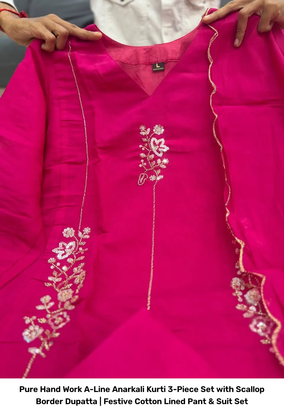 Pure Hand Work A-Line Anarkali Kurti 3-Piece Set with Scallop Border Dupatta | Festive Cotton Lined Pant & Suit Set 2