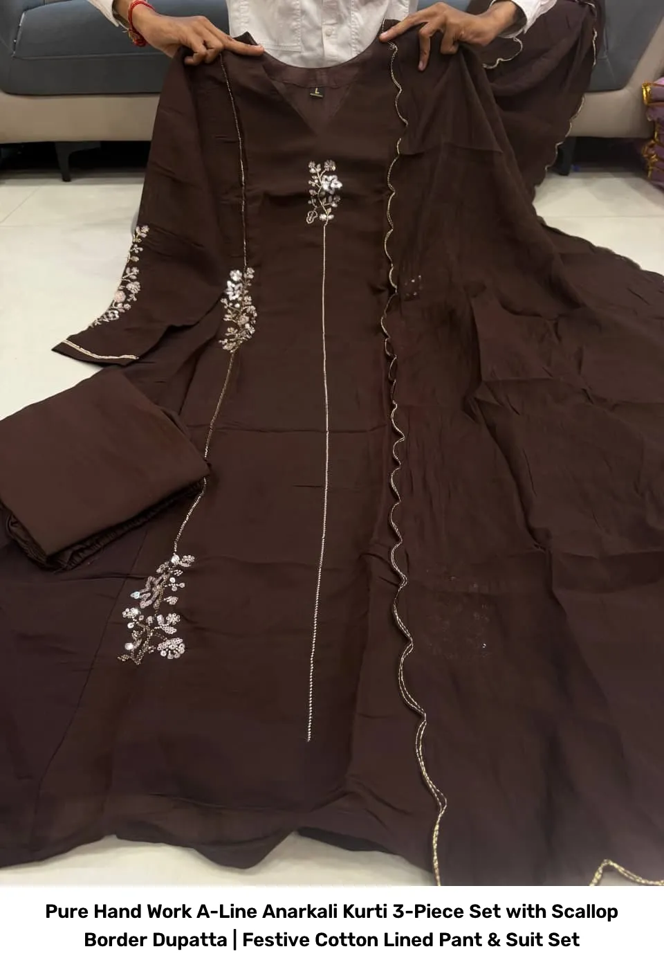 Pure Hand Work A-Line Anarkali Kurti 3-Piece Set with Scallop Border Dupatta | Festive Cotton Lined Pant & Suit Set 3