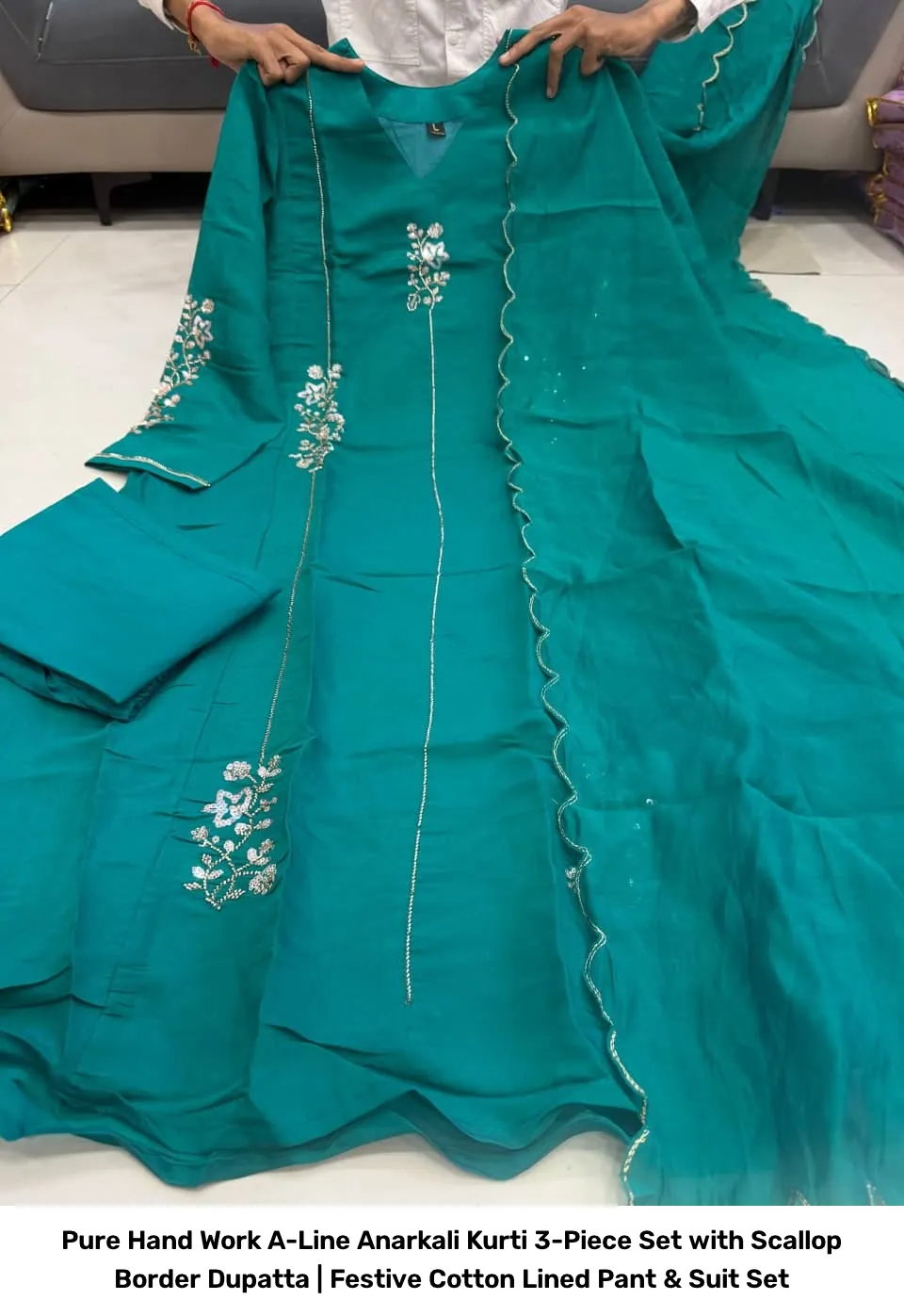 Pure Hand Work A-Line Anarkali Kurti 3-Piece Set with Scallop Border Dupatta | Festive Cotton Lined Pant & Suit Set 4