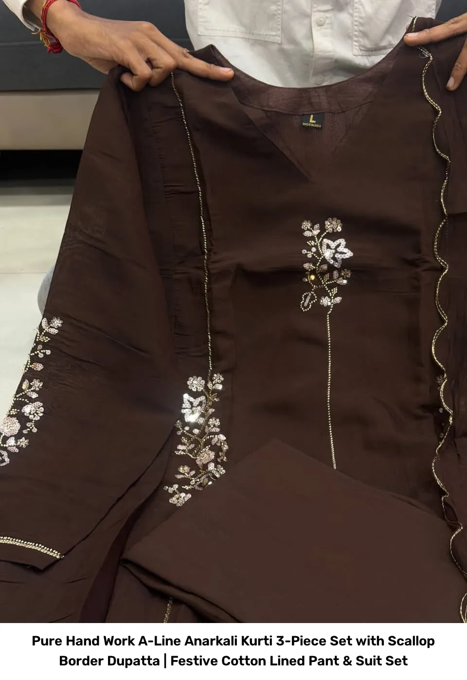 Pure Hand Work A-Line Anarkali Kurti 3-Piece Set with Scallop Border Dupatta | Festive Cotton Lined Pant & Suit Set 5