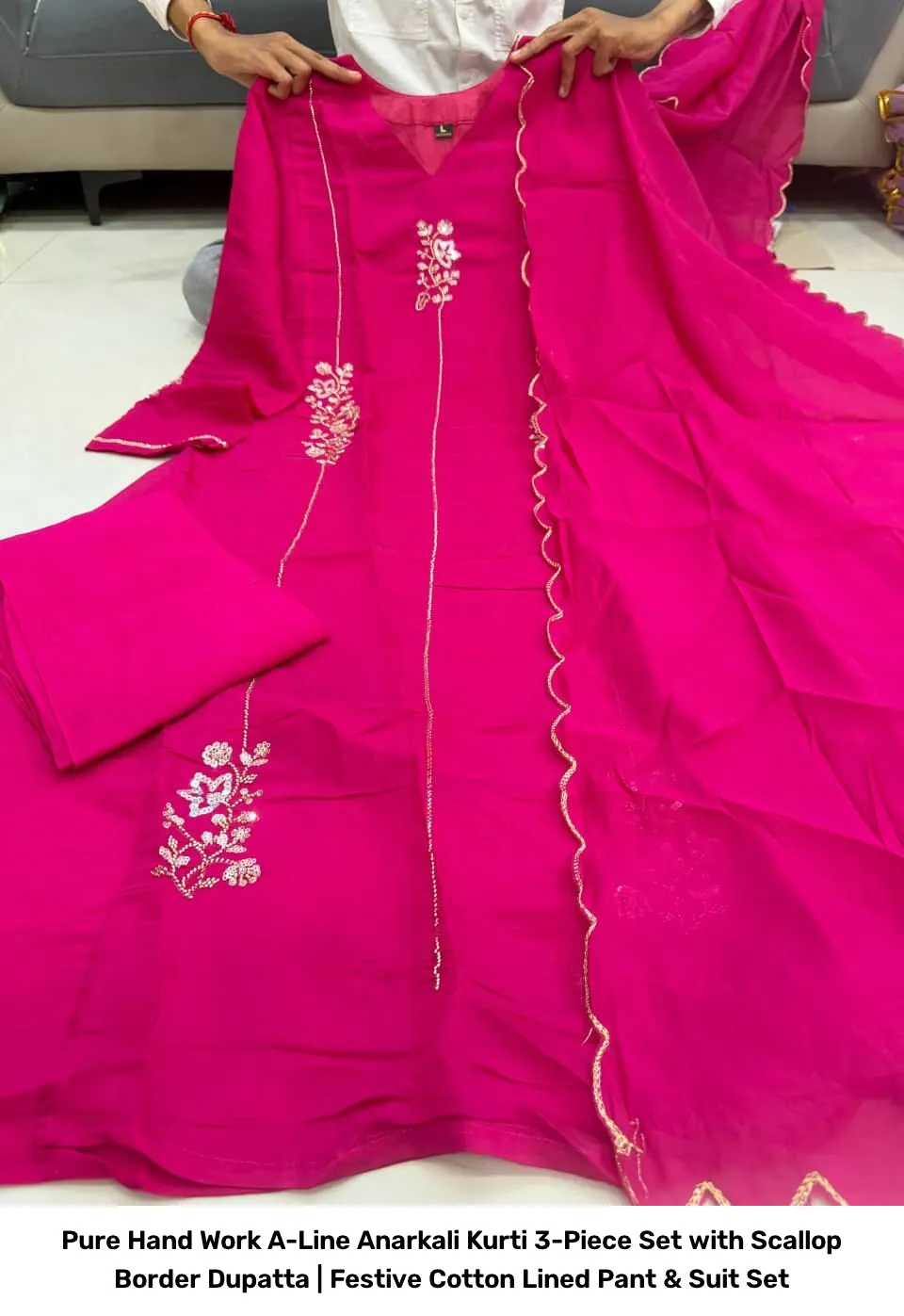 Pure Hand Work A-Line Anarkali Kurti 3-Piece Set with Scallop Border Dupatta | Festive Cotton Lined Pant & Suit Set 6