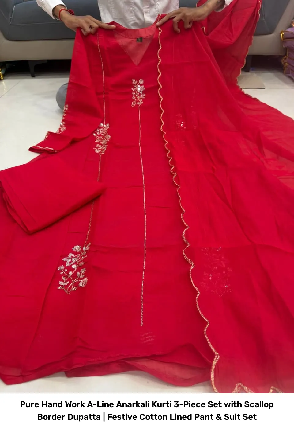 Pure Hand Work A-Line Anarkali Kurti 3-Piece Set with Scallop Border Dupatta | Festive Cotton Lined Pant & Suit Set 7