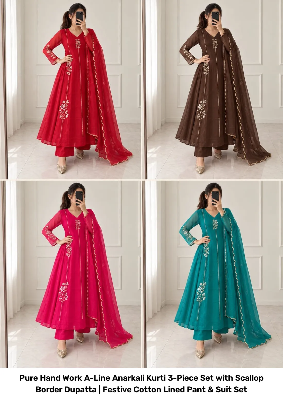 Pure Hand Work A-Line Anarkali Kurti 3-Piece Set with Scallop Border Dupatta | Festive Cotton Lined Pant & Suit Set 8