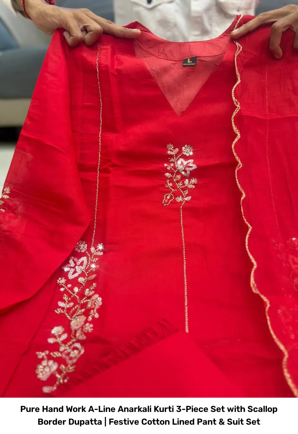 Pure Hand Work A-Line Anarkali Kurti 3-Piece Set with Scallop Border Dupatta | Festive Cotton Lined Pant & Suit Set 9