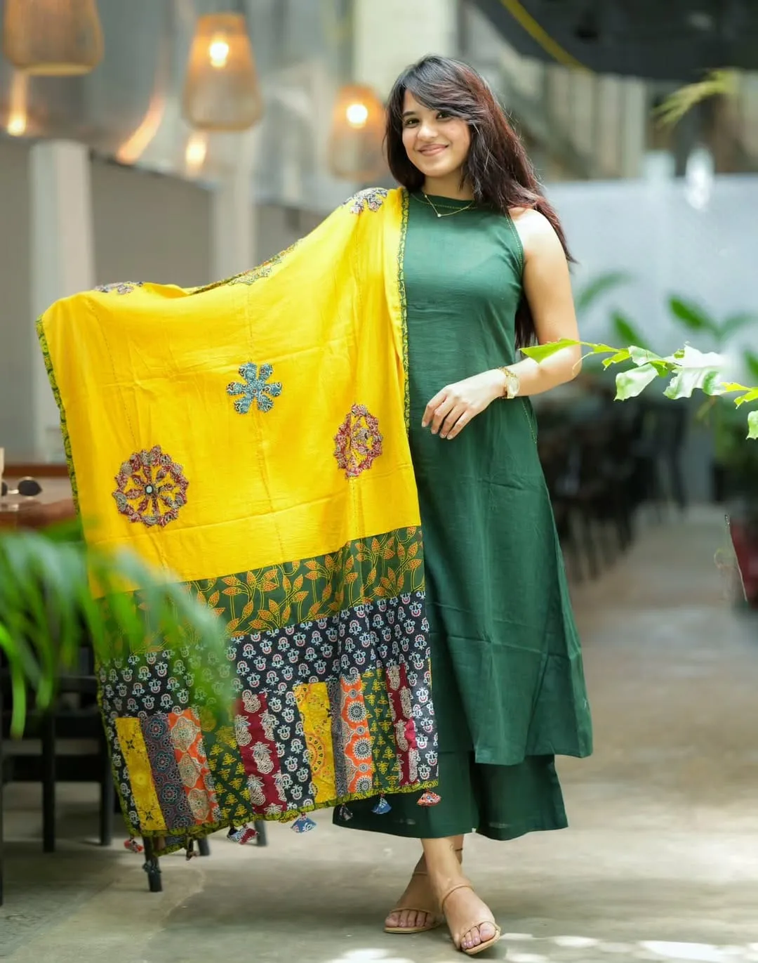 Pure Handloom Cotton A-Line Halter Neck Kurti Palazzo Set with Mulmul Dupatta | Sleeveless 3-Piece Ethnic Suit with Pockets
