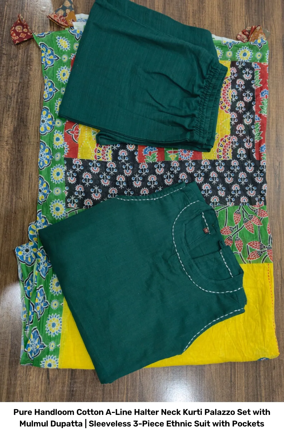 Pure Handloom Cotton A-Line Halter Neck Kurti Palazzo Set with Mulmul Dupatta | Sleeveless 3-Piece Ethnic Suit with Pockets 2
